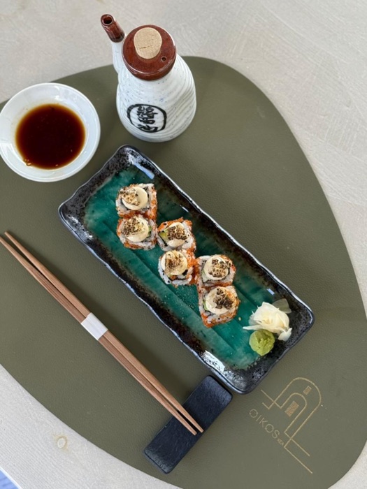 Freshly prepared sushi rolls at OIKOS